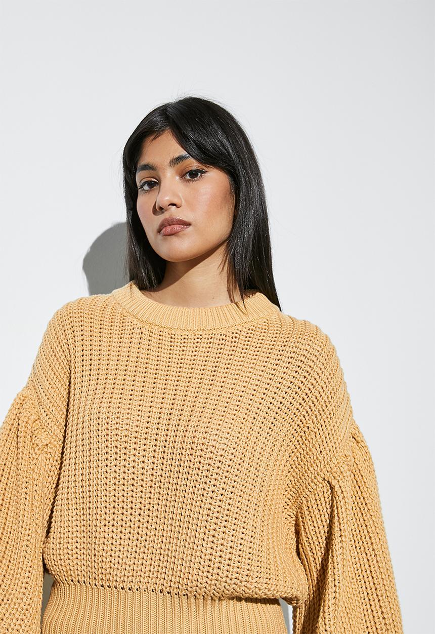 Superbalist - Cotton blend rib balloon sleeve pull over - tan