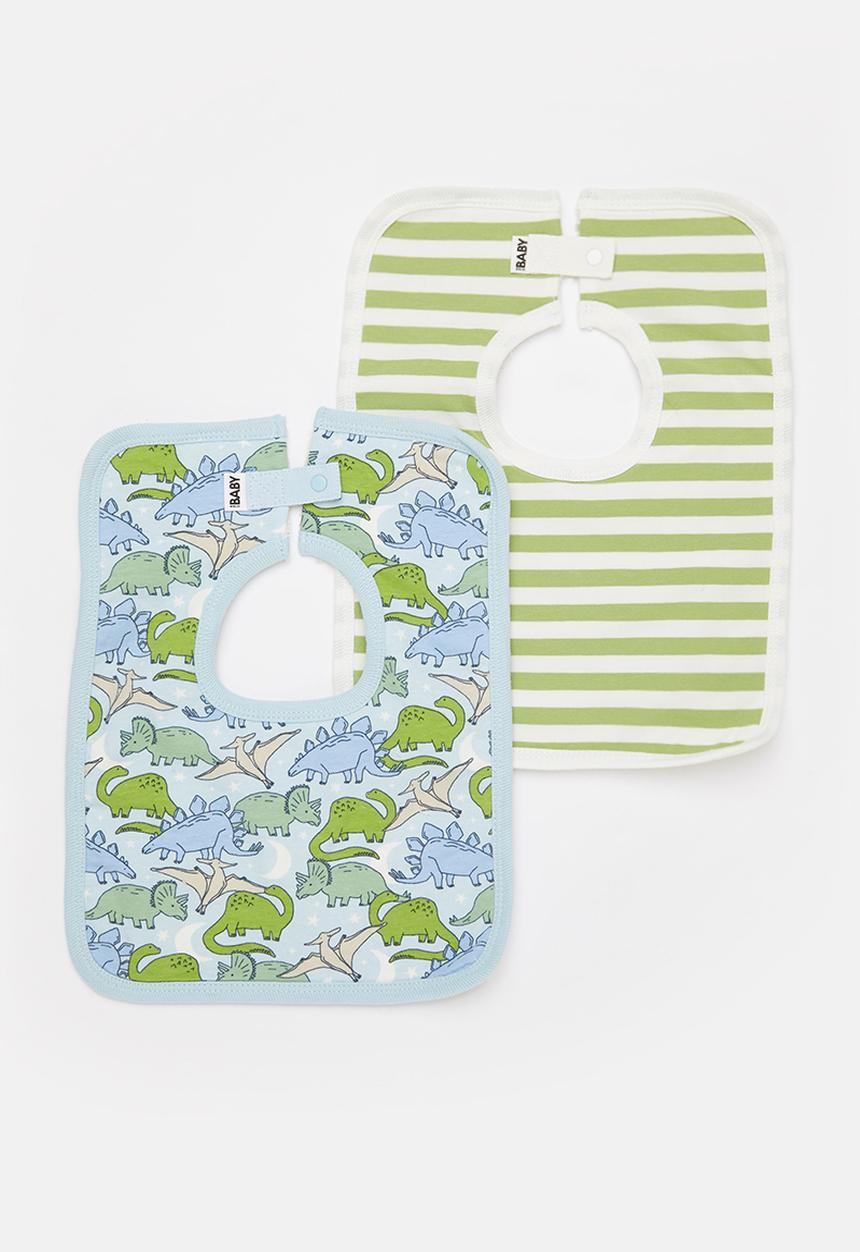 Cotton On - 2 Pack square bib - frosty blue dinos in the night/cactus stripe