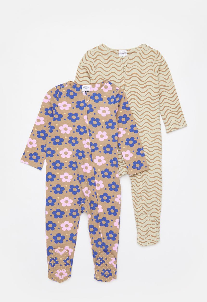 Cotton On - 2 pack long sleeve zip romper - taupy brown daisy spot/rany day waves