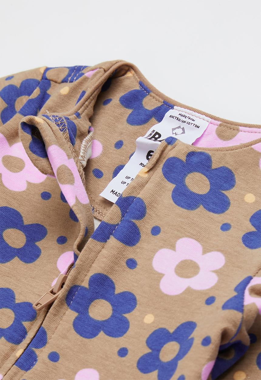 Cotton On - 2 pack long sleeve zip romper - taupy brown daisy spot/rany day waves