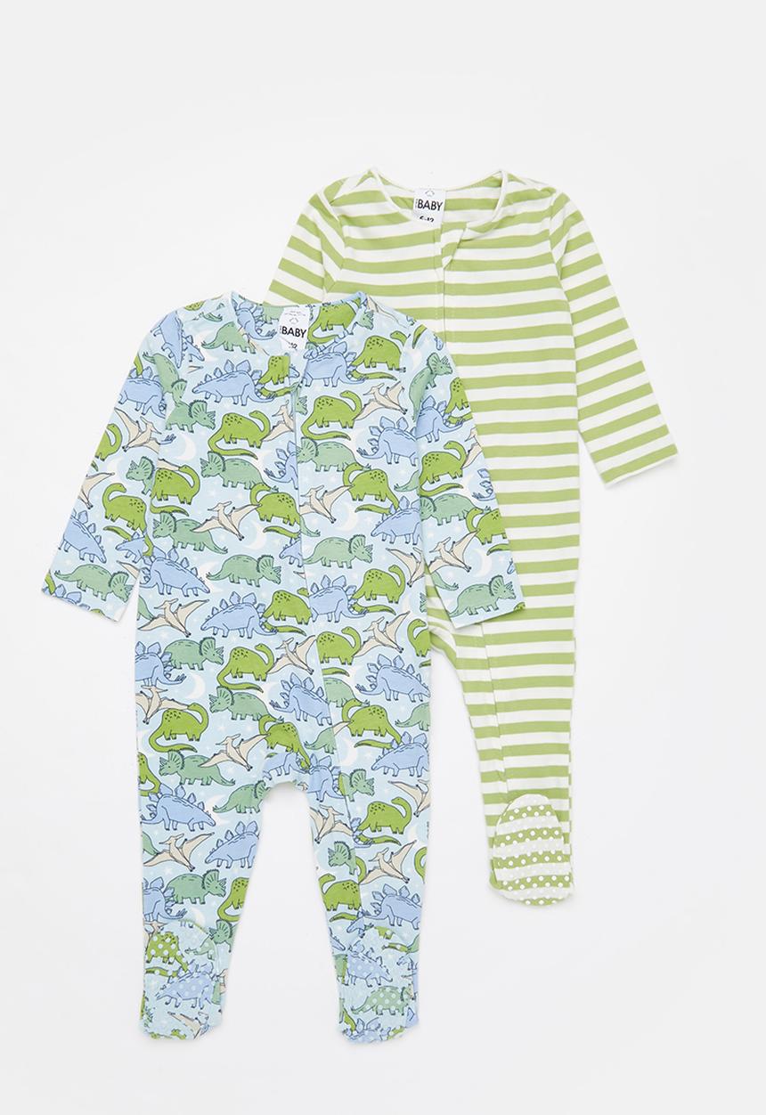 Cotton On - 2 pack long sleeve zip romper - frosty blue dinos in the night/cactus stripe