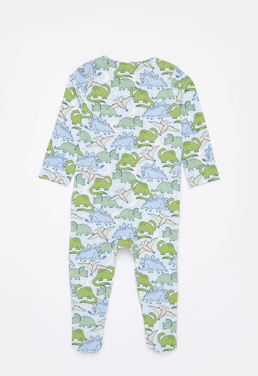 Cotton On - 2 pack long sleeve zip romper - frosty blue dinos in the night/cactus stripe