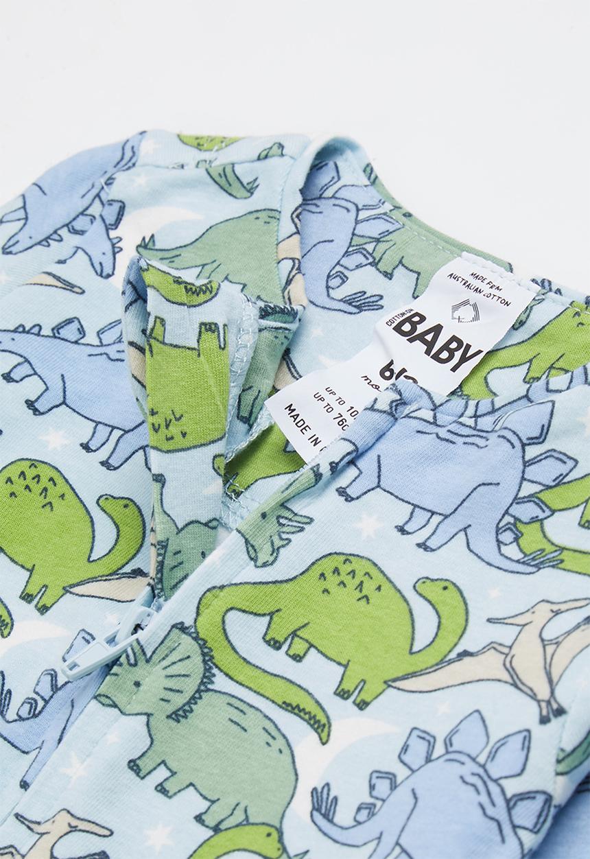 Cotton On - 2 pack long sleeve zip romper - frosty blue dinos in the night/cactus stripe