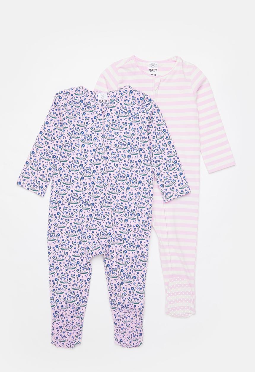 Cotton On - 2 pack long sleeve zip romper - pale violet daisy garden/pale violet stripe