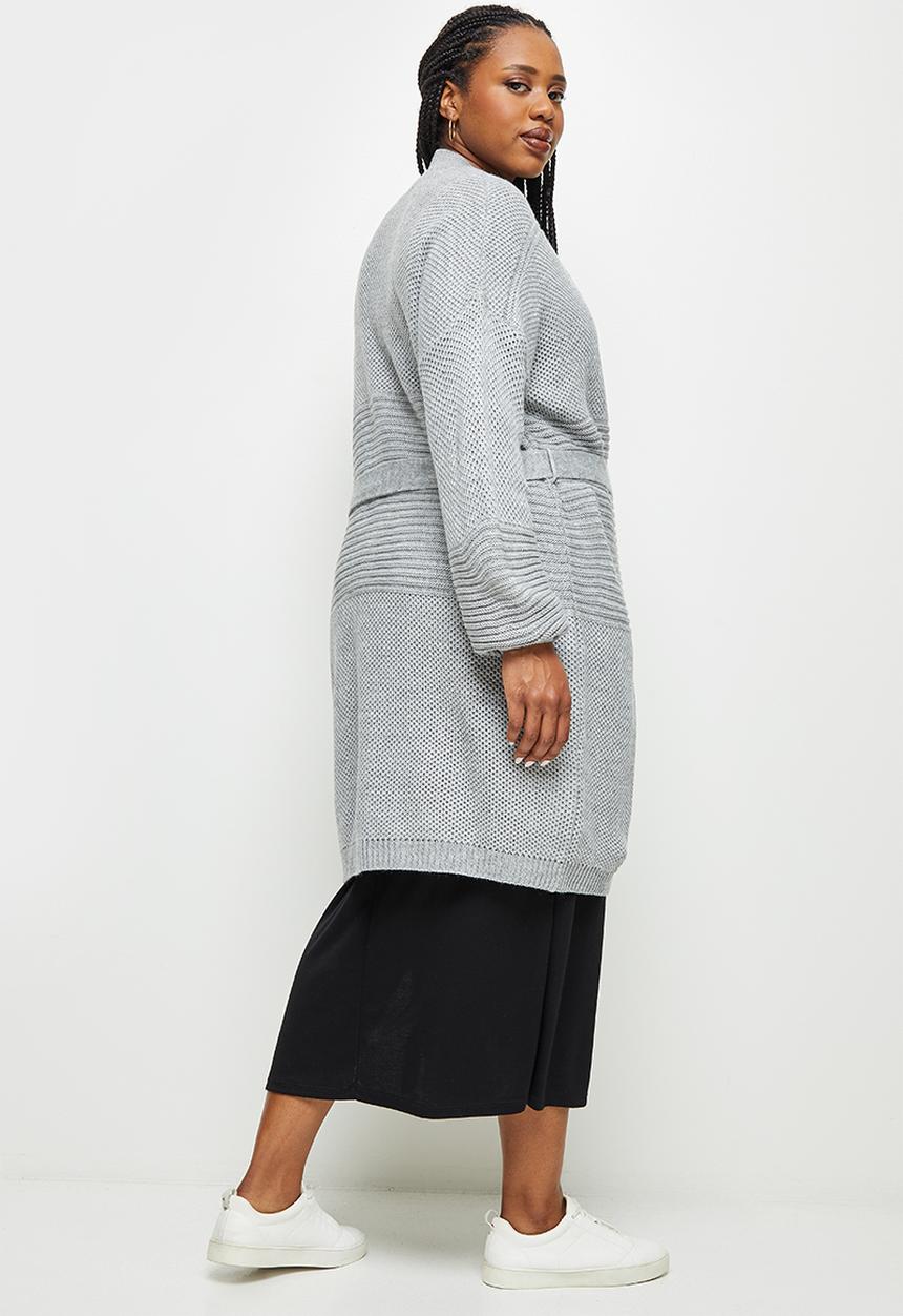 edit Plus - Belted cable cardigan - grey 