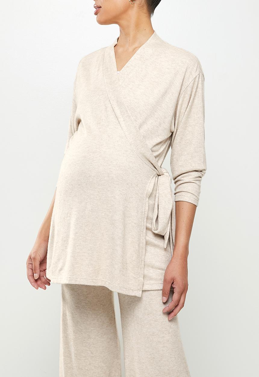 edit Maternity - Maternity long sleeve soft knit wrap cardi - taupe