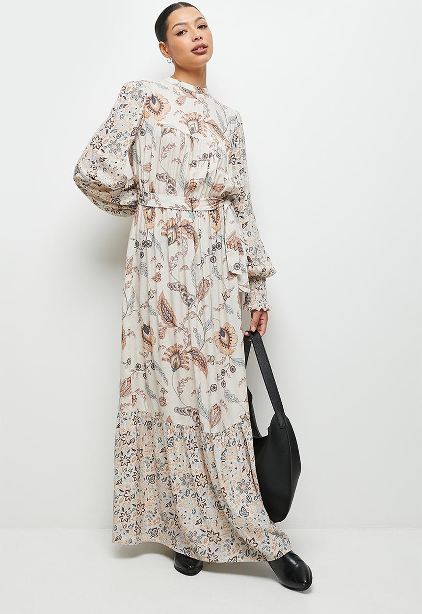 edit - Boho print mix tiered maxi dress - stone