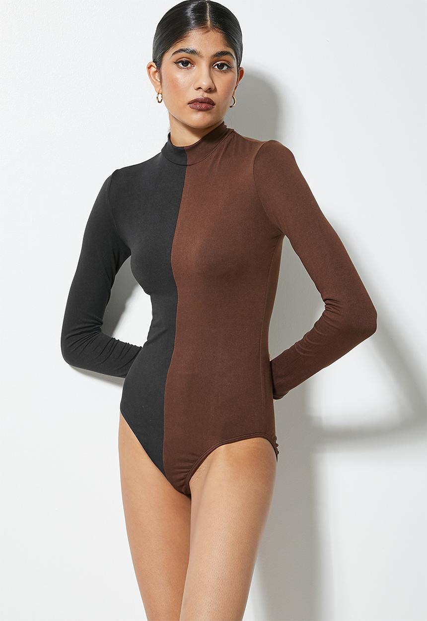 VELVET - Colourblock turtle neck bodysuit - black & tobacco