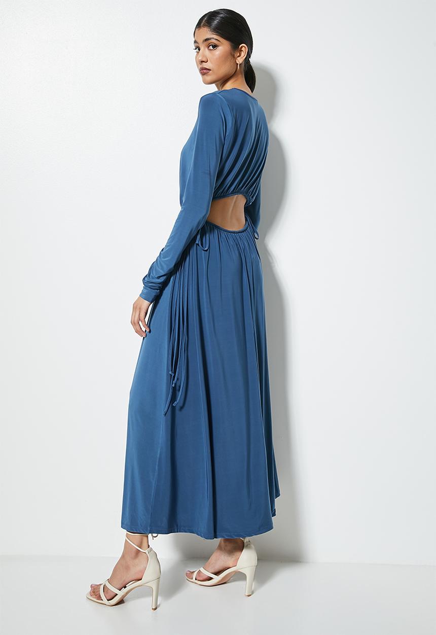 VELVET - Open back knit fit and flare dress - oil blue