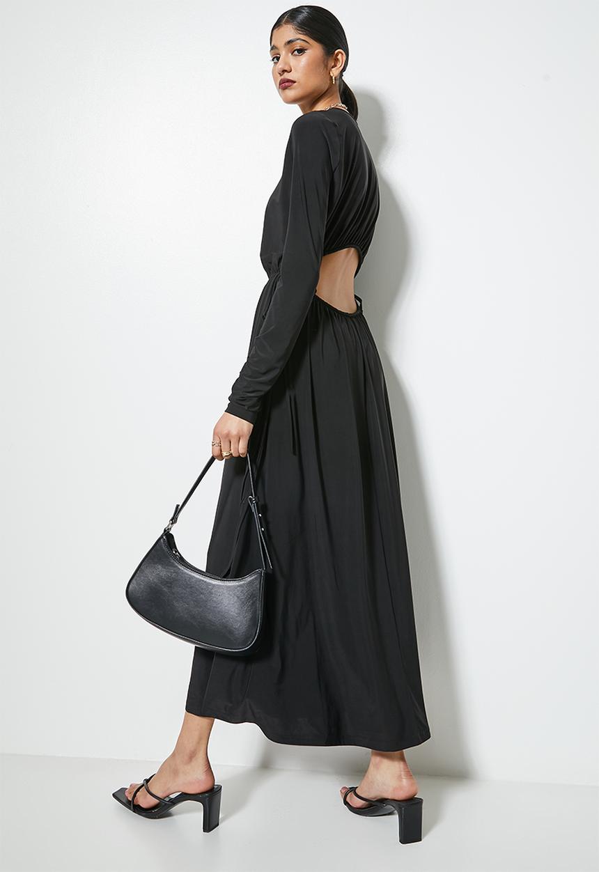 VELVET - Open back knit fit and flare dress - black