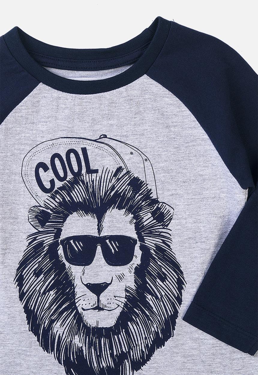 MINOTI - Basic cool lion graphic raglan tee - grey marl & navy