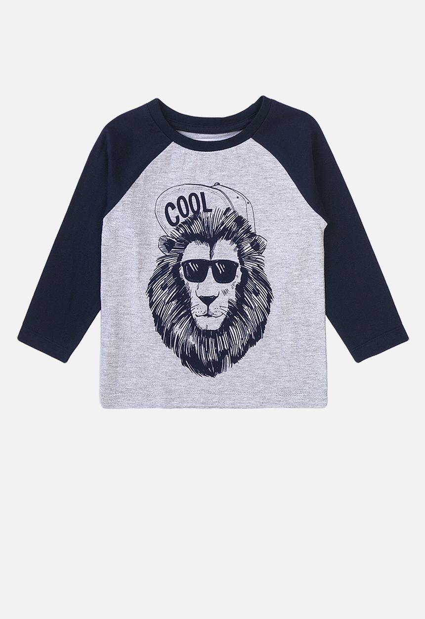 MINOTI - Basic cool lion graphic raglan tee - grey marl & navy