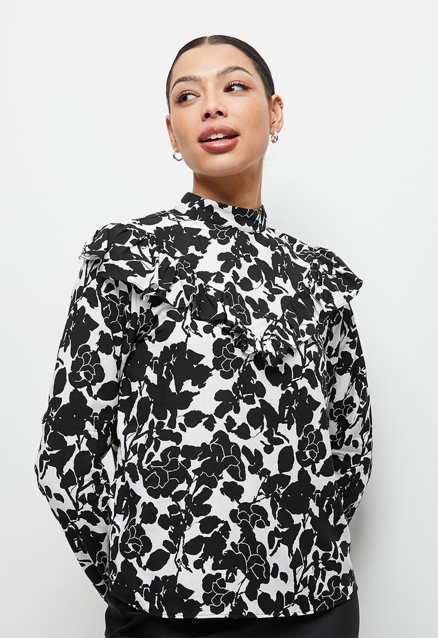 MILLA - Printed ruffle detail blouse -  white & black