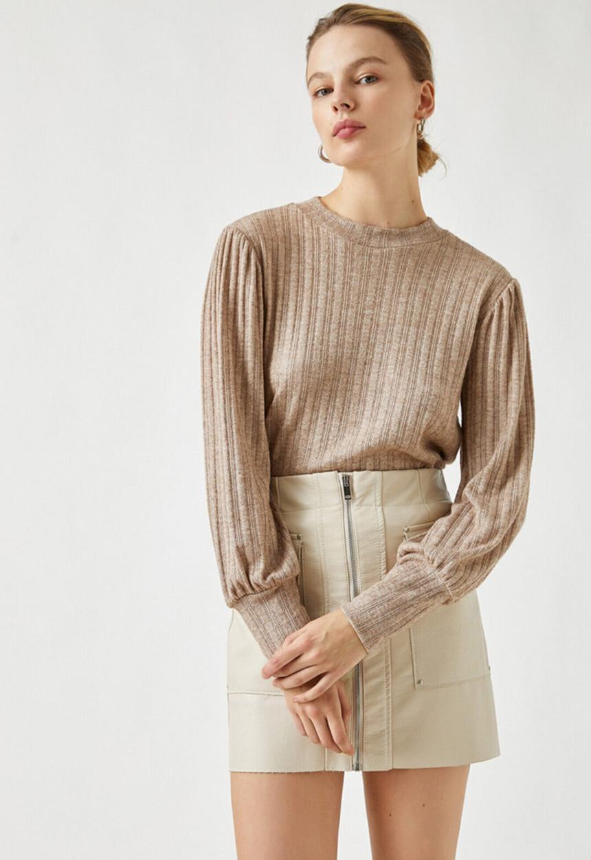 Koton - Crew neck ribbed sweater - mink