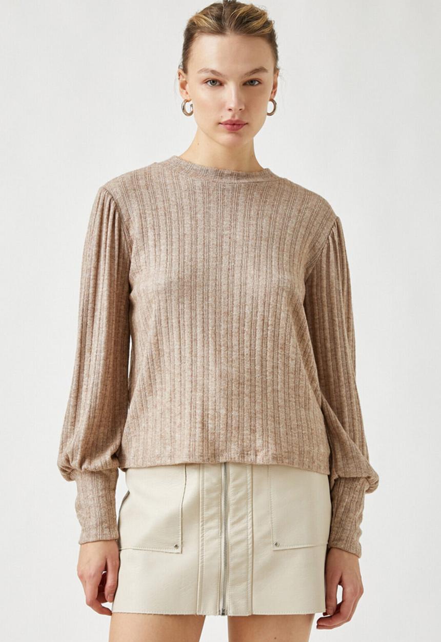 Koton - Crew neck ribbed sweater - mink