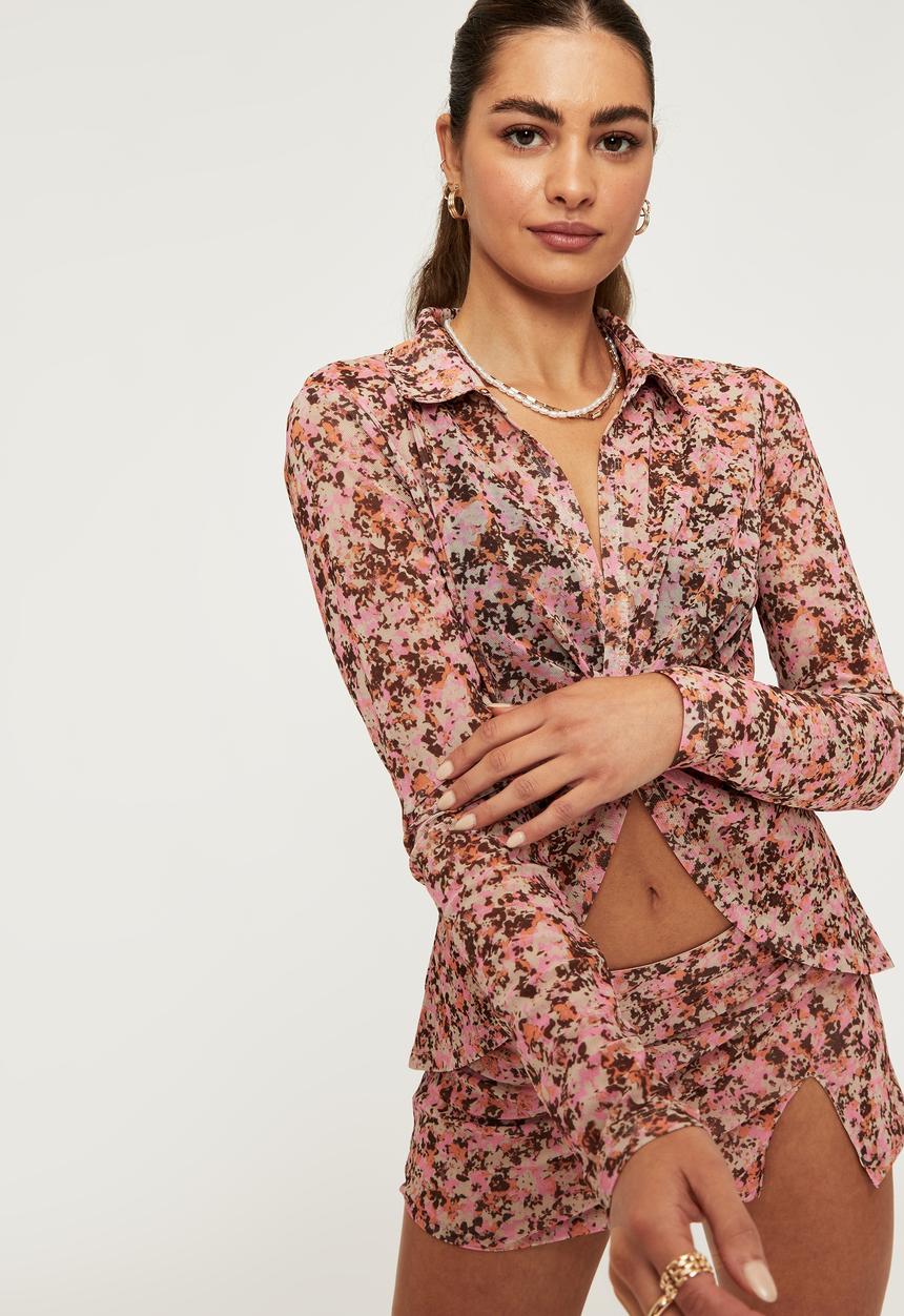 Supré  - Monroe long sleeve mesh twist shirt top - havana floral paris pink