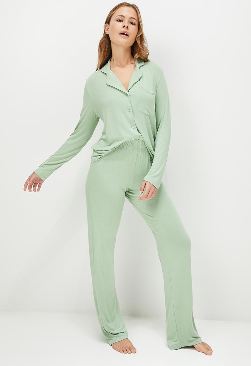Blake - Knit long sleeve button through sleep set - sage