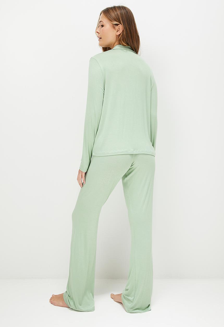Blake - Knit long sleeve button through sleep set - sage