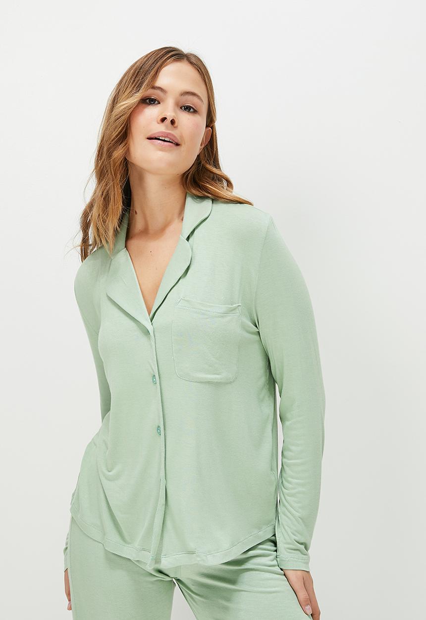Blake - Knit long sleeve button through sleep set - sage