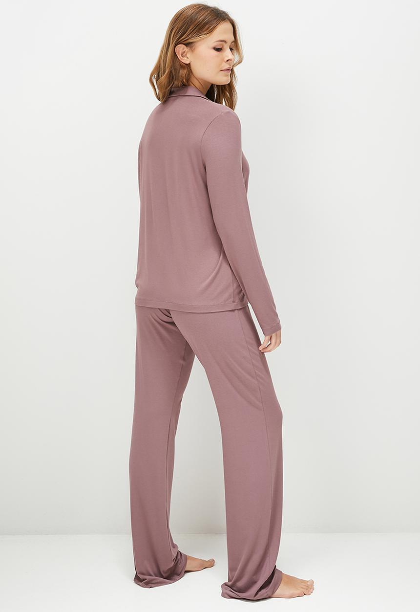 Blake - Knit long sleeve button through sleep set - mauve