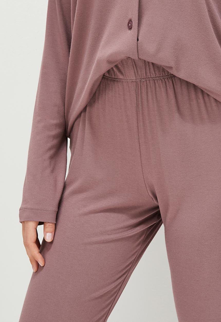 Blake - Knit long sleeve button through sleep set - mauve