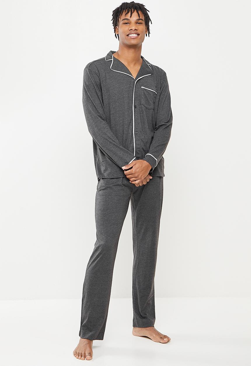 Brave Soul - Jaxong long sleeve sleep set - charcoal marl & white