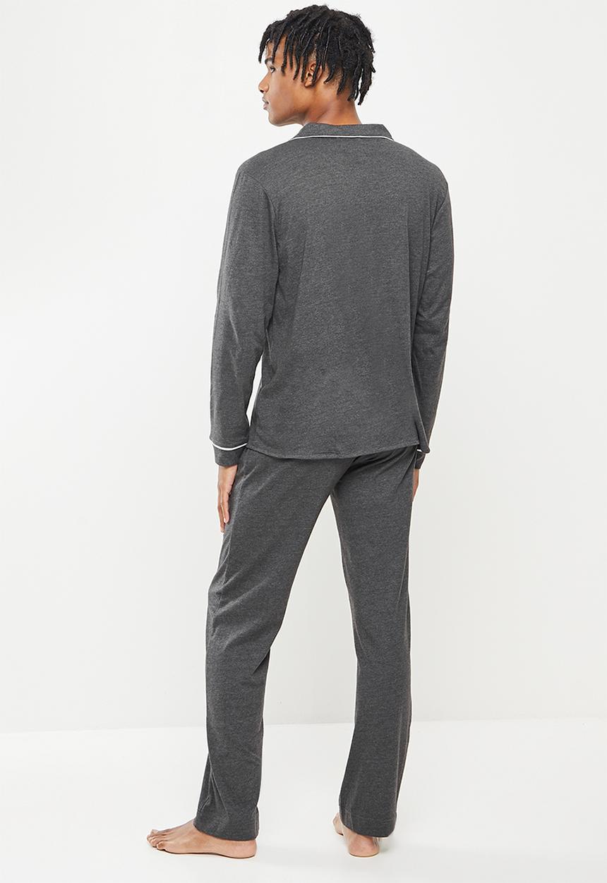 Brave Soul - Jaxong long sleeve sleep set - charcoal marl & white