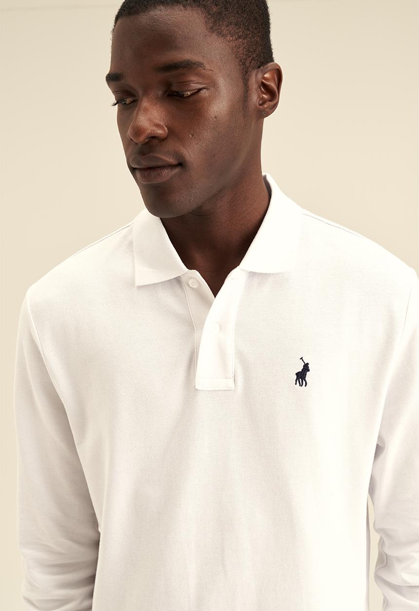 POLO - Mens plain pique long sleeve golfer - white
