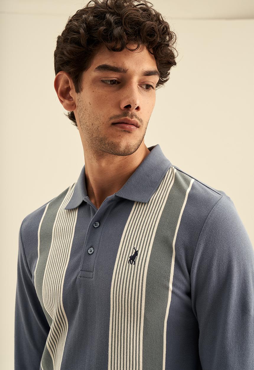 POLO - Mens vertical stripe long sleeve golfer - blue