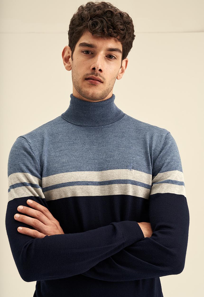 POLO - Men stripe roll neck knitwear - blue