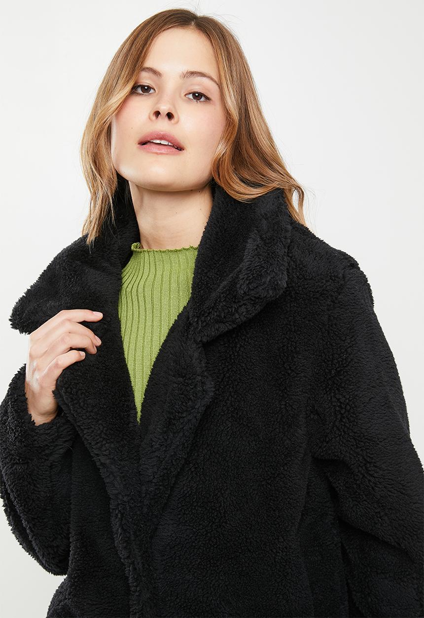 Cotton On - Longline teddy coat - black