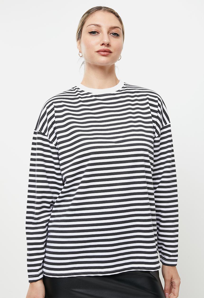 Missguided - Stripe drop shoulder long sleeve T-shirt - black & white