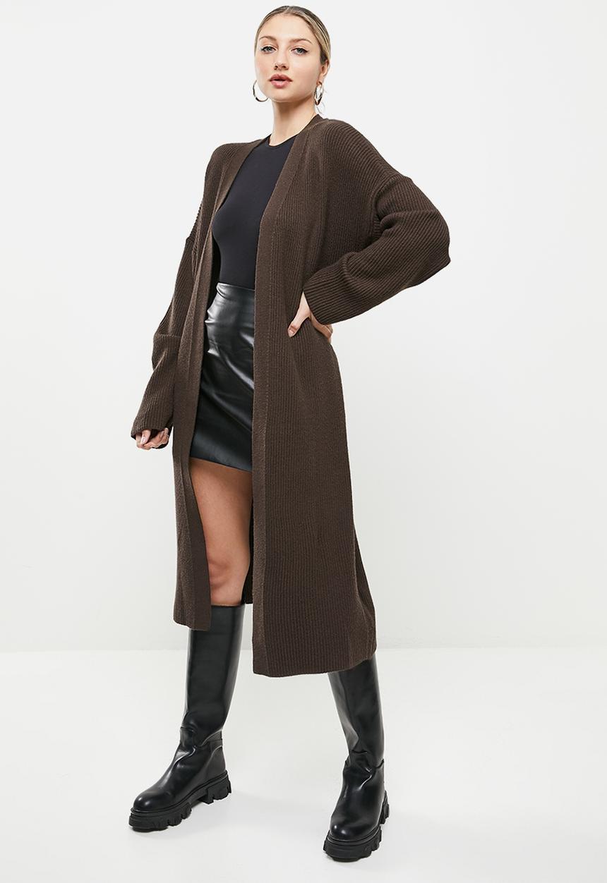 Missguided - Ribbed longline belted cardigan - chocolate