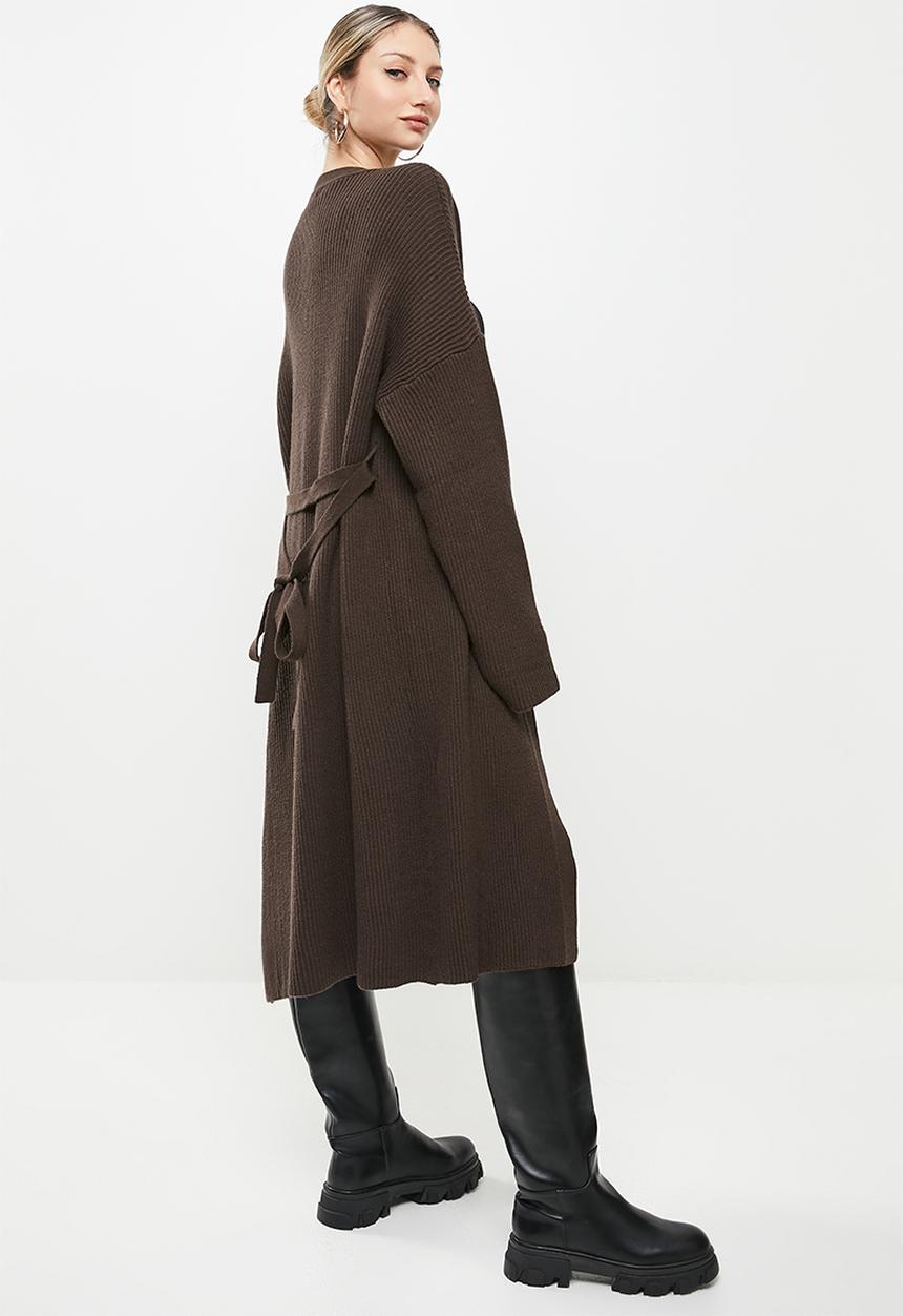 Missguided - Ribbed longline belted cardigan - chocolate
