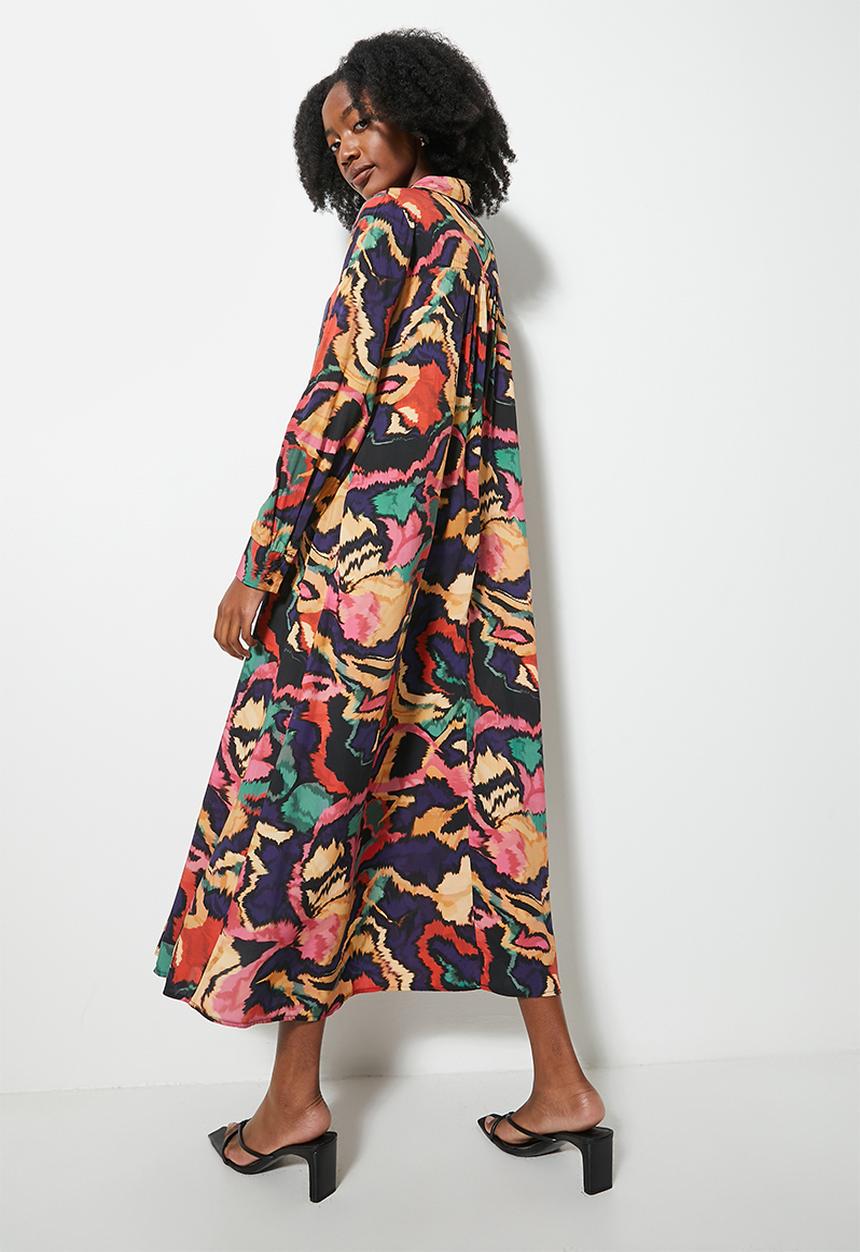 VELVET - Printed midi button down trapeze dress - abstract multi