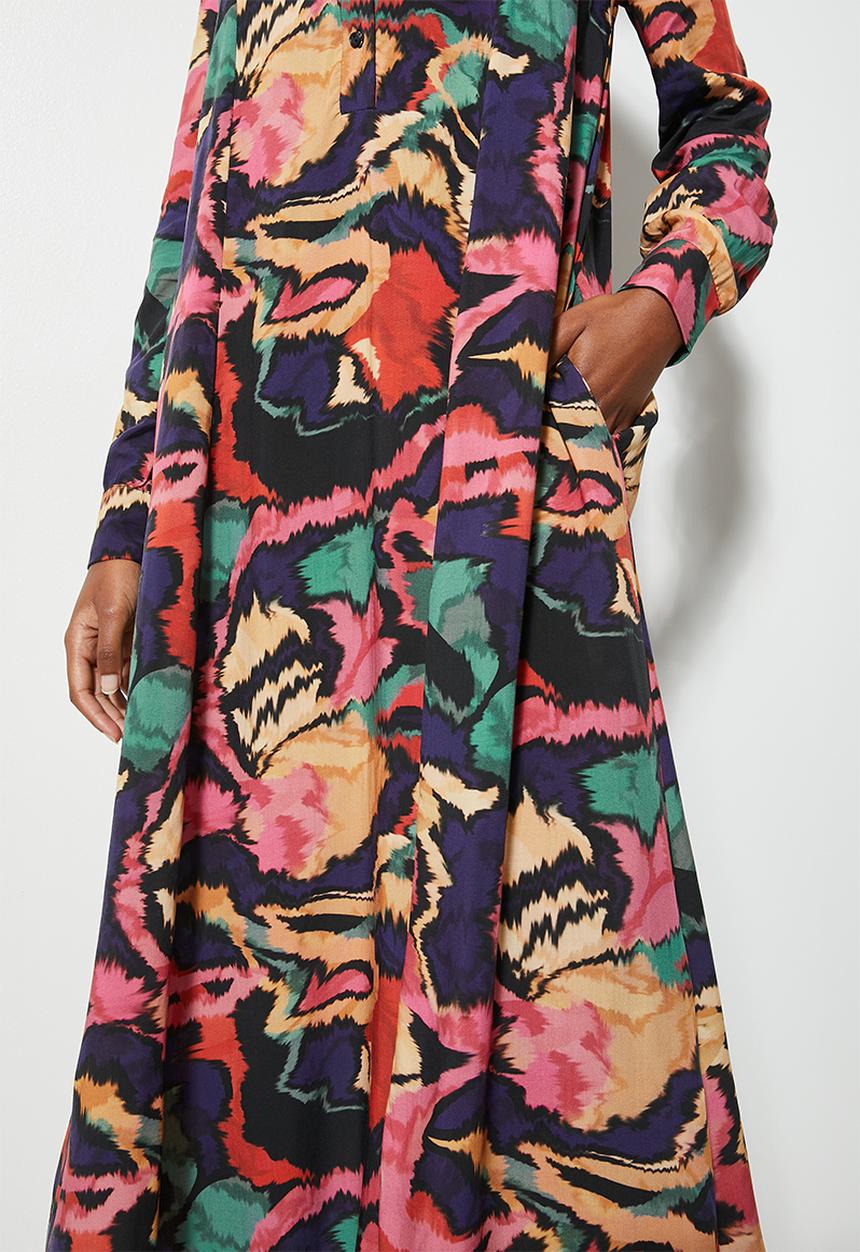 VELVET - Printed midi button down trapeze dress - abstract multi