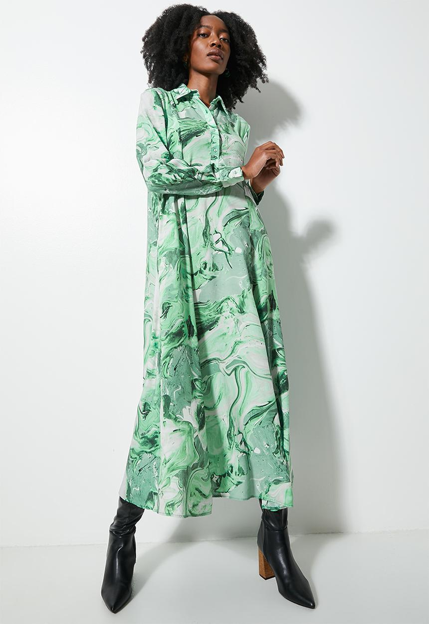 VELVET - Printed midi button down trapeze dress - green marble