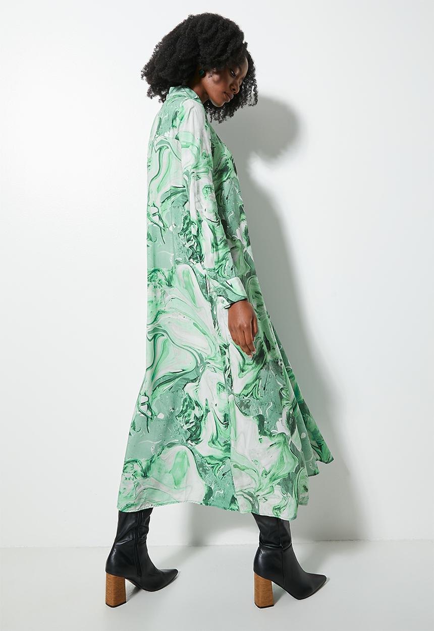 VELVET - Printed midi button down trapeze dress - green marble