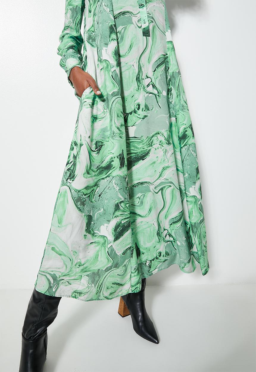 VELVET - Printed midi button down trapeze dress - green marble