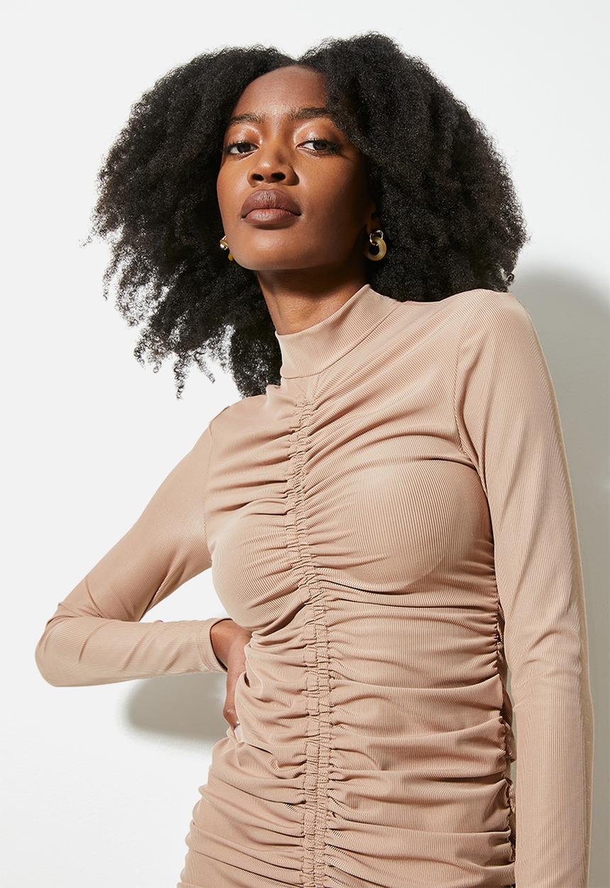 VELVET - Turtle neck long sleeve front ruching dress - mink