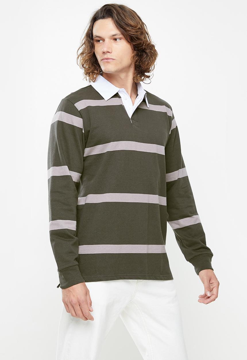 Cotton On - Rugby long sleeve polo - faded slate wide stripe