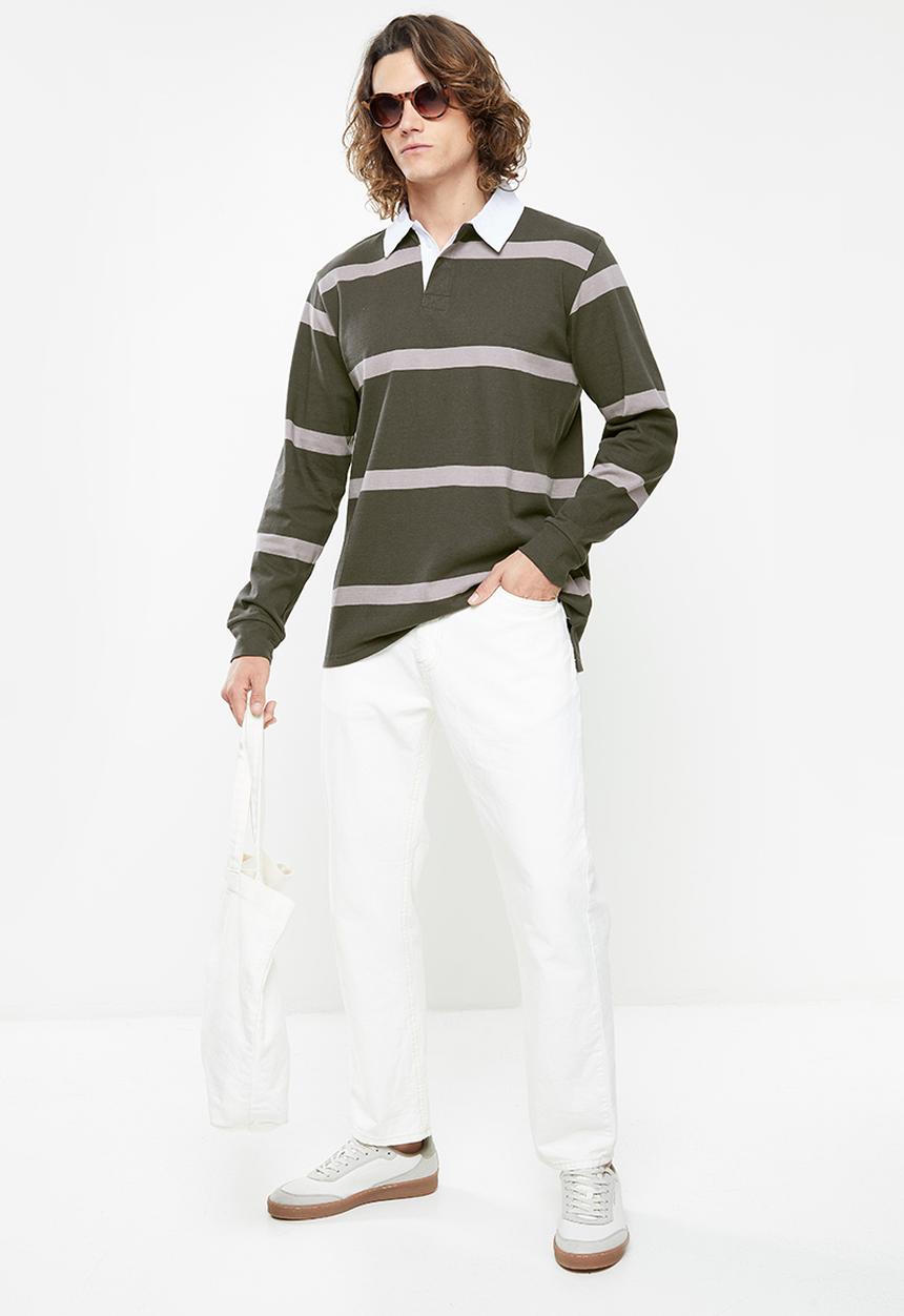 Cotton On - Rugby long sleeve polo - faded slate wide stripe