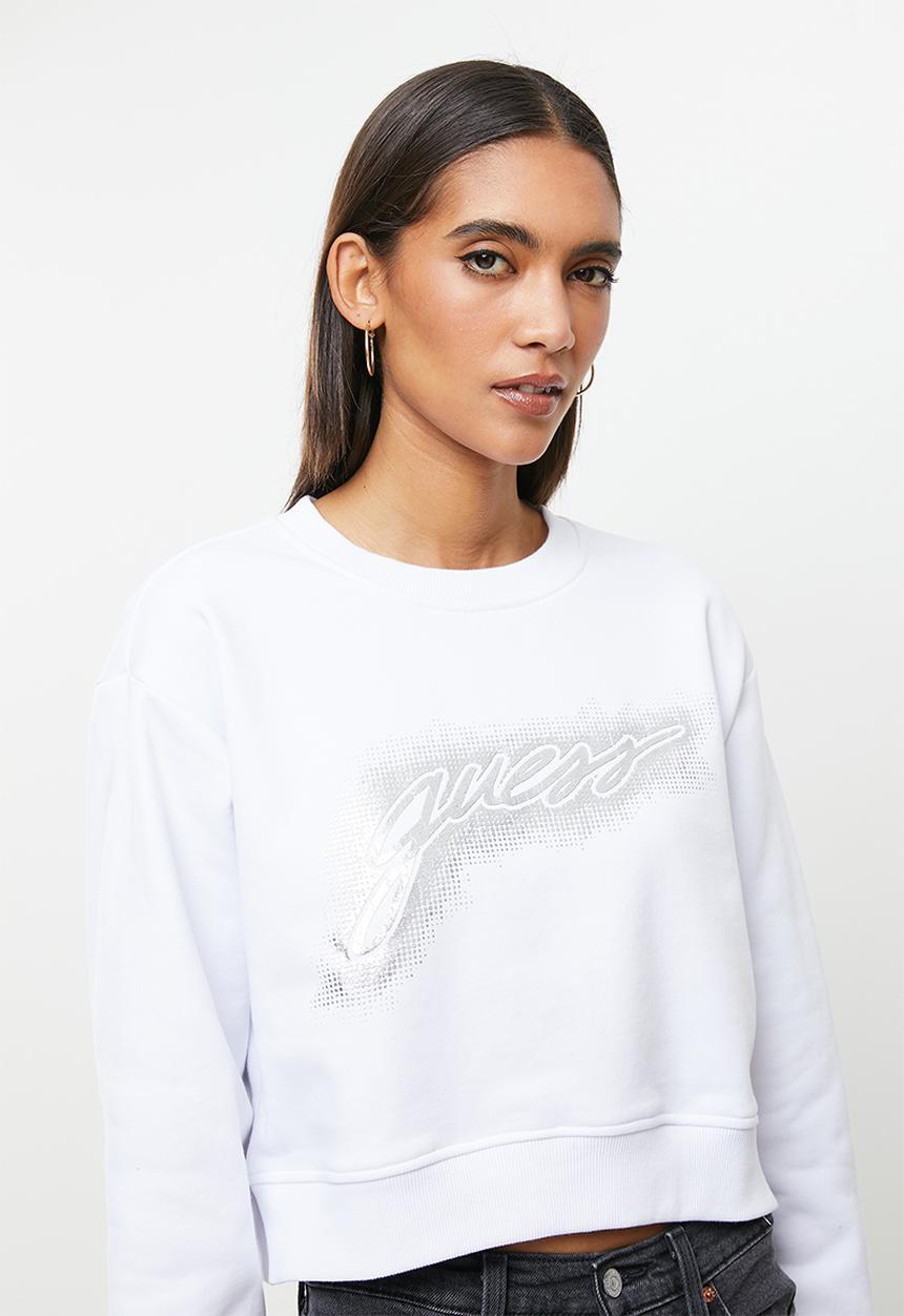 GUESS - Long sleeve guess logo crop pullover - pure white