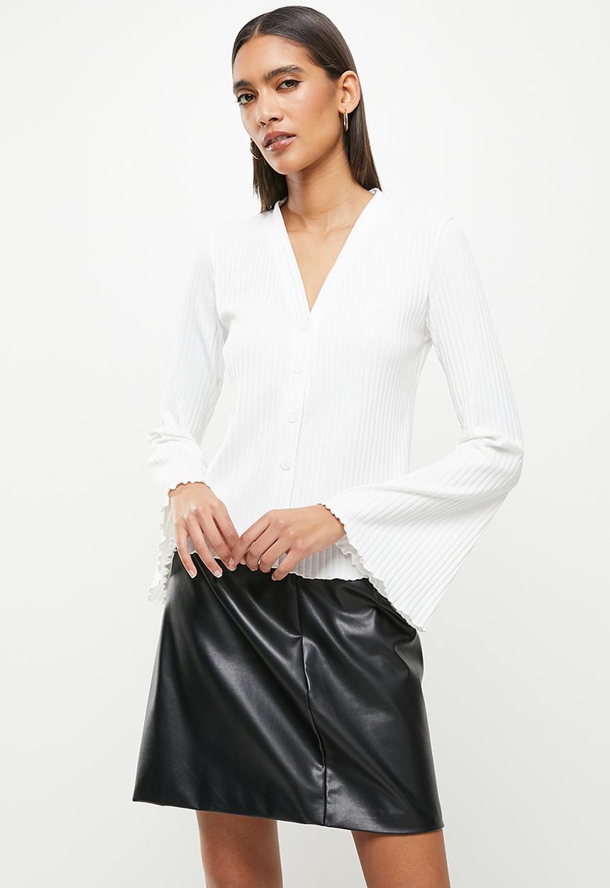 Me&B - Bellow sleeve ribbed button down top - white