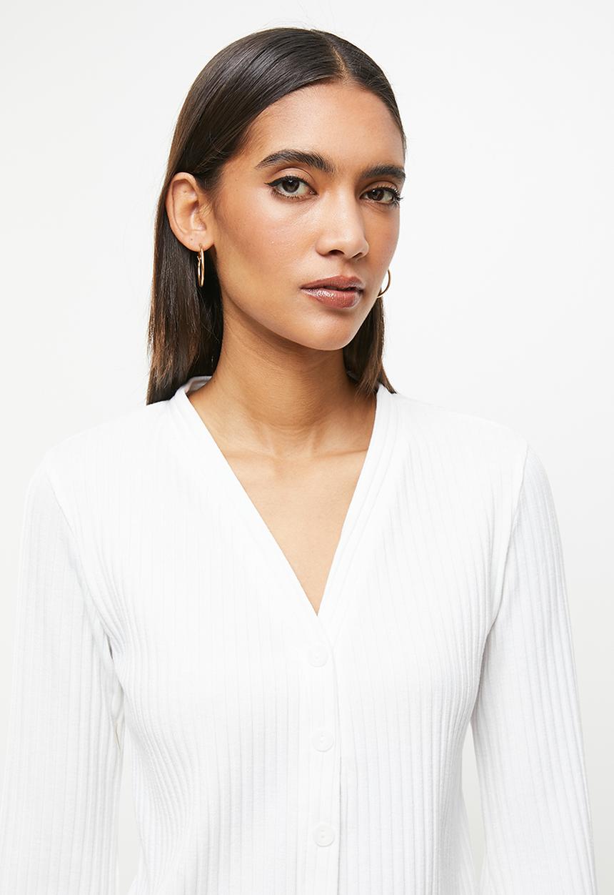 Me&B - Bellow sleeve ribbed button down top - white
