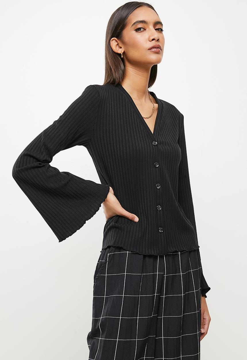 Me&B - Bellow sleeve ribbed button down top - black