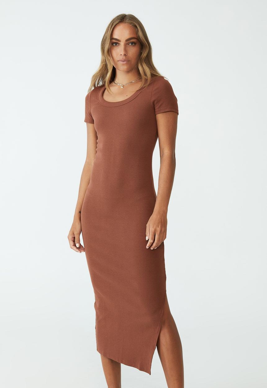 Cotton On - Rib short sleeve split midi dress - vintage brown
