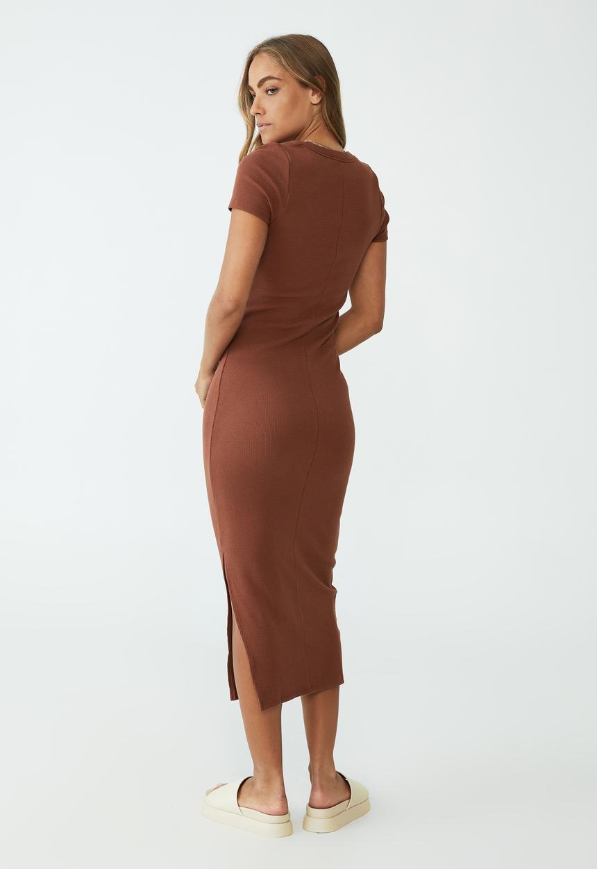 Cotton On - Rib short sleeve split midi dress - vintage brown