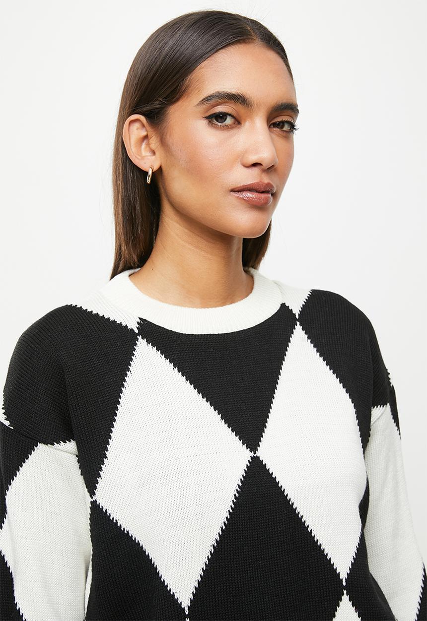 Me&B - Check print knit pullover - black & white
