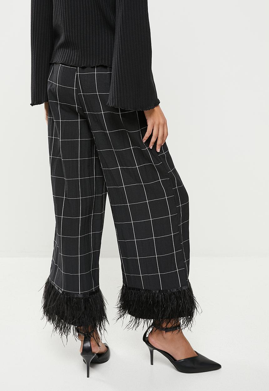 Me&B - Feather trims check pants - black